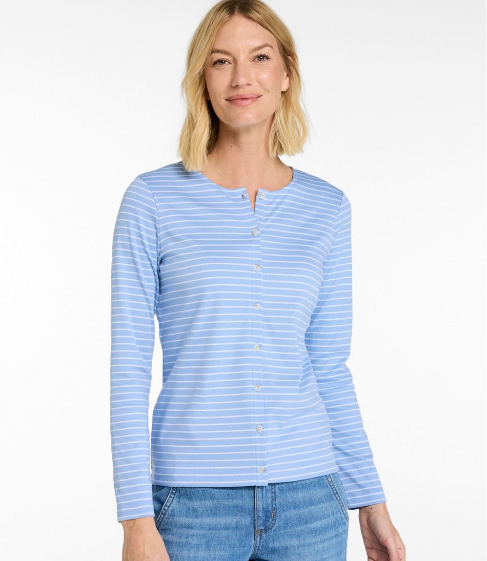 Women's Pima Cotton Tee, Long-Sleeve Crewneck Cardigan Stripe - L.L.Bean Signature
