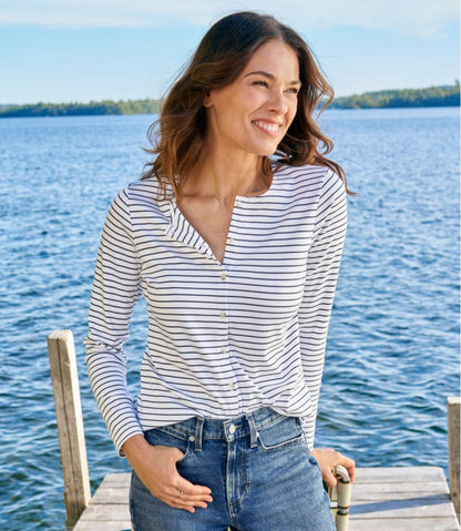 Women's Pima Cotton Tee, Long-Sleeve Crewneck Cardigan Stripe - L.L.Bean Signature