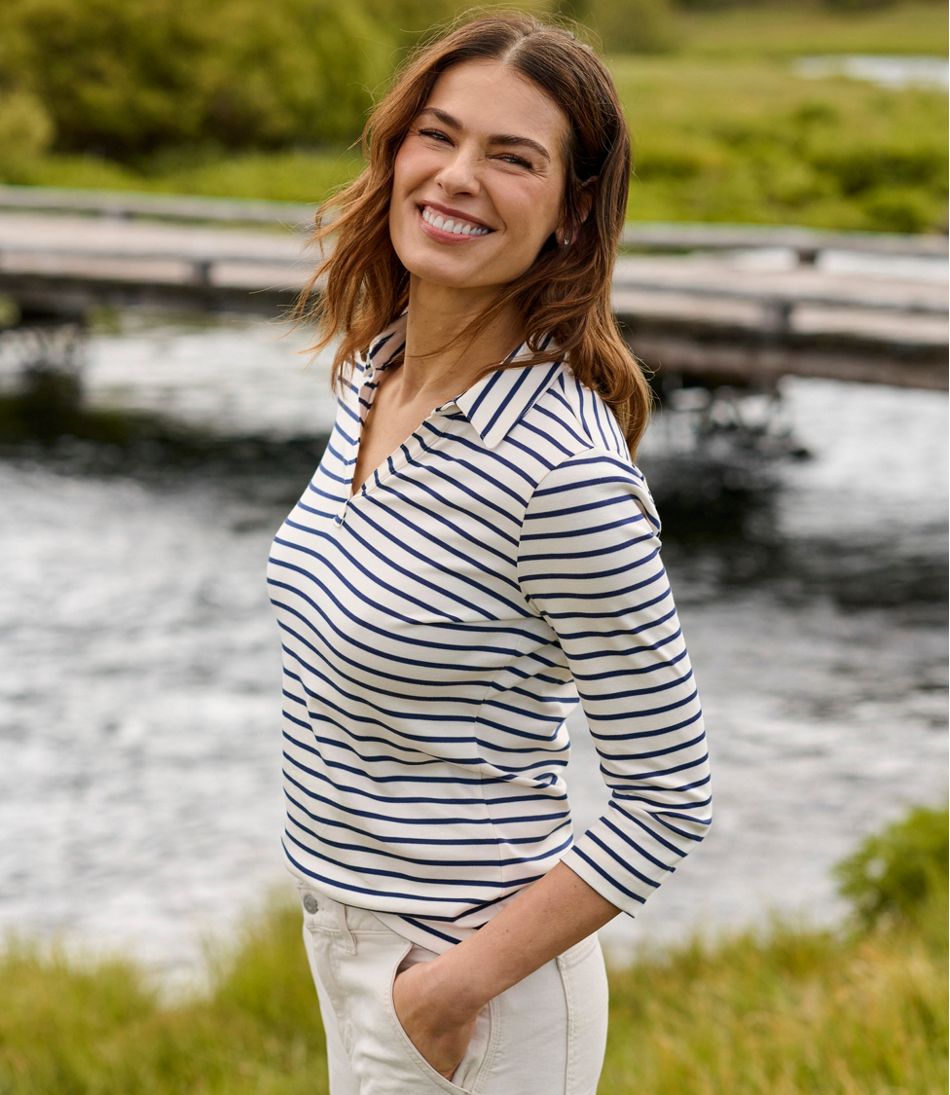 Women's Pima Cotton Tee, Three-Quarter-Sleeve Polo Stripe - L.L.Bean Popular