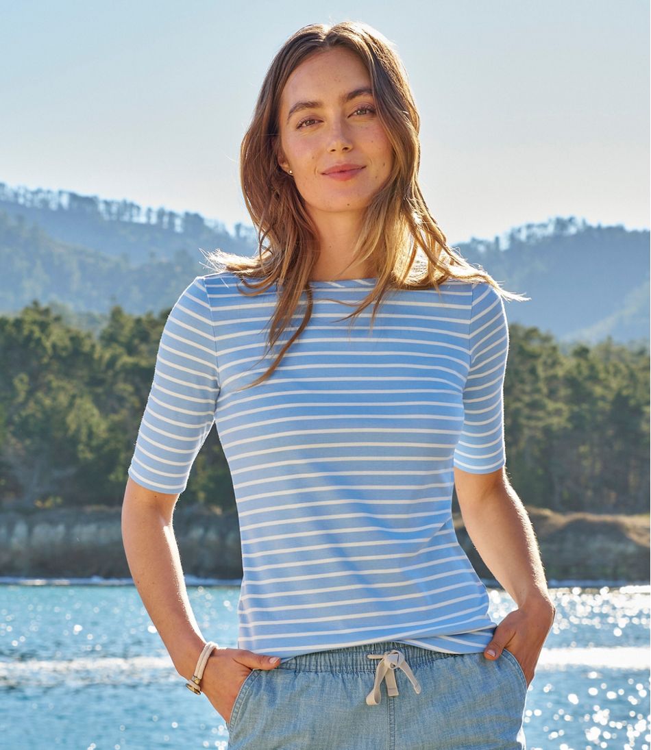 Women's Pima Cotton Tee, Elbow-Sleeve Boatneck Stripe - L.L.Bean New