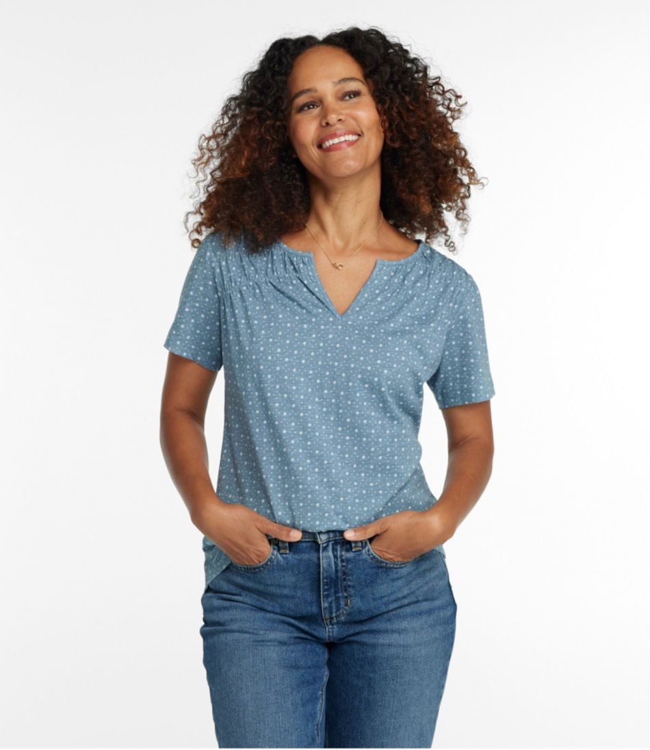 Women's Organic Cotton Tee, Smocked Notch-Neck Short-Sleeve Print - L.L.Bean Everyday
