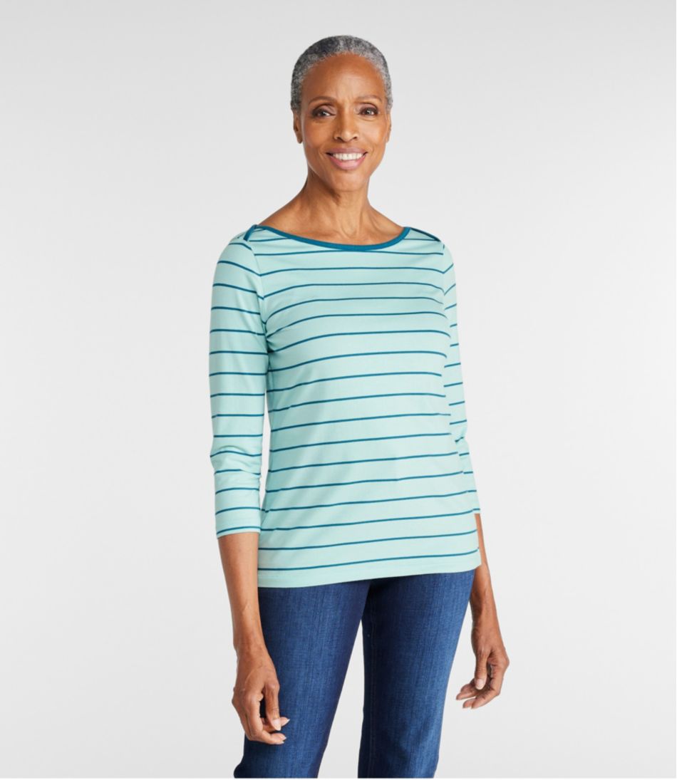 Women's Soft Stretch Supima-Blend Tee, Three-Quarter-Sleeve Boatneck Stripe - L.L.Bean New