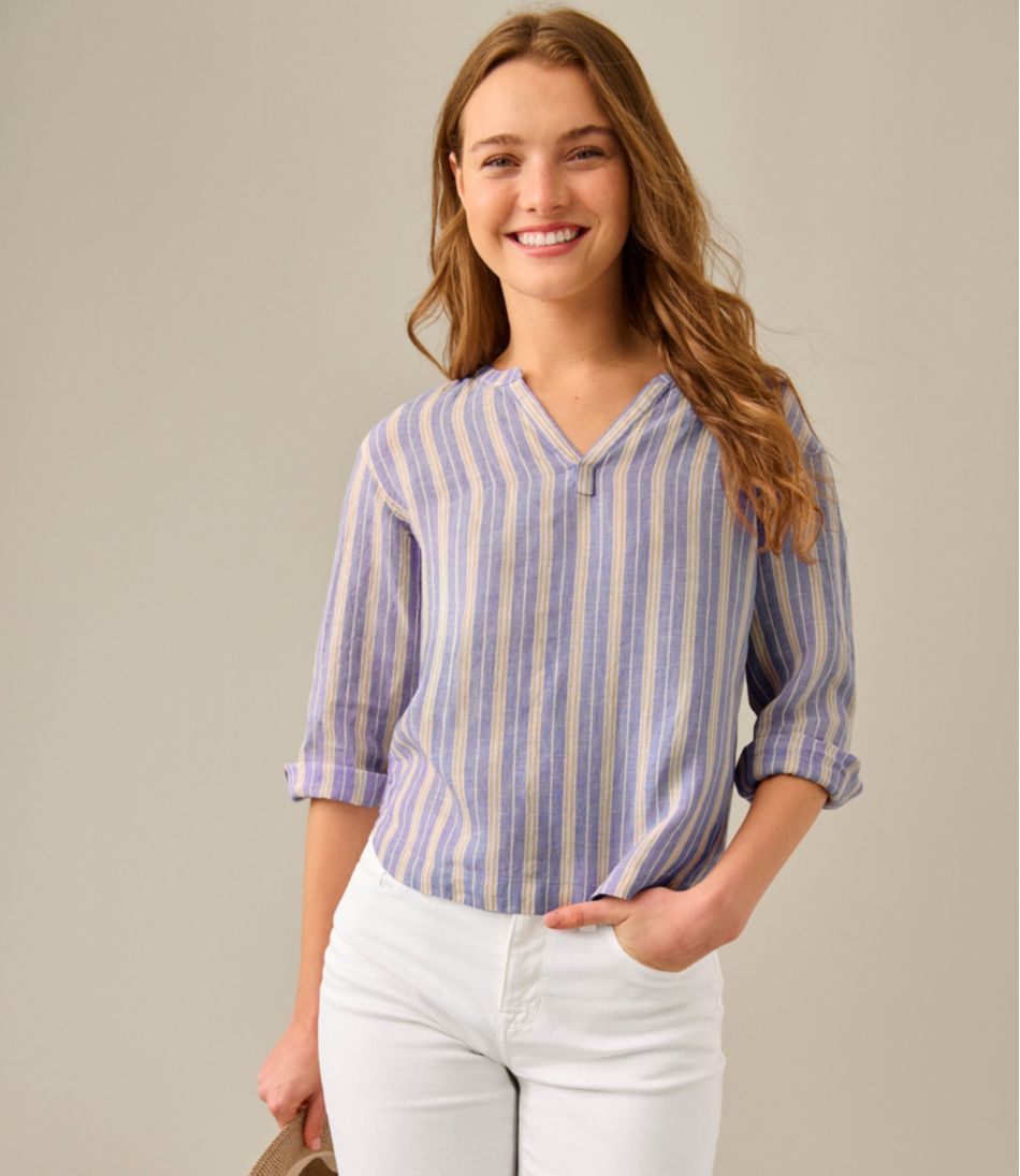 Women's Premium Washable Linen Shirt, Splitneck Stripe - L.L.Bean Everyday