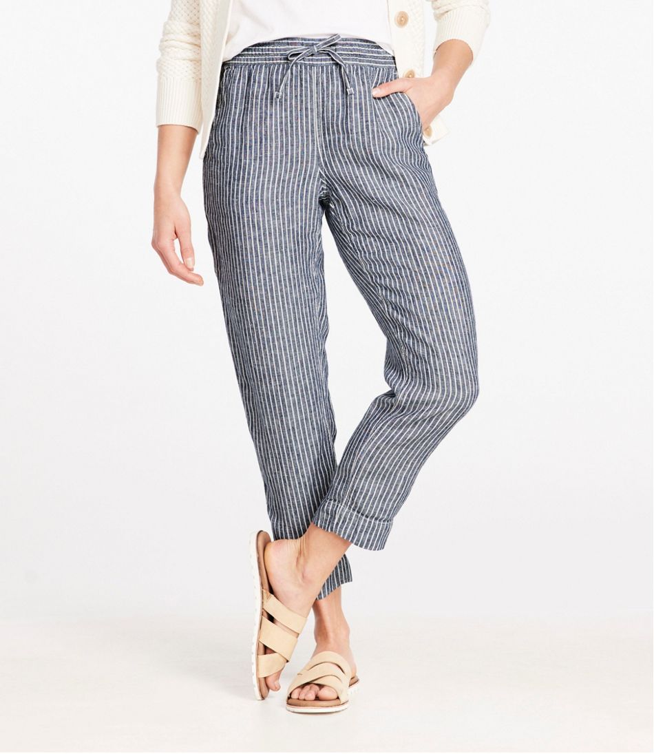 Women's Premium Linen Pull-On Ankle Pants, Mid-Rise Tapered-Leg Stripe - L.L.Bean Essential