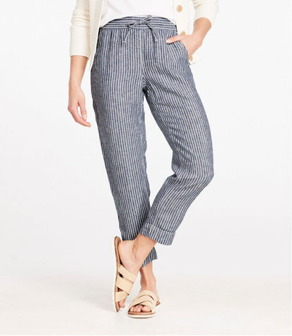 Women's Premium Linen Pull-On Ankle Pants, Mid-Rise Tapered-Leg Stripe - L.L.Bean Essential