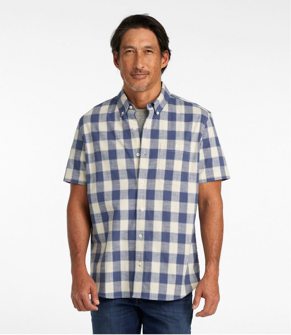 Men's Comfort Stretch® Chambray Shirt, Slightly Fitted Untucked Fit, Short-Sleeve, Plaid - L.L.Bean Best Seller