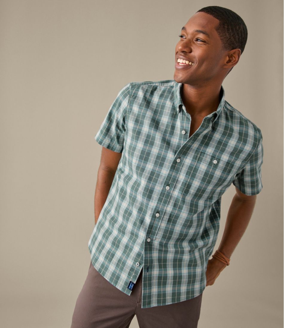 Men's Comfort Stretch® Chambray Shirt, Slightly Fitted Untucked Fit, Short-Sleeve, Plaid - L.L.Bean Best Seller