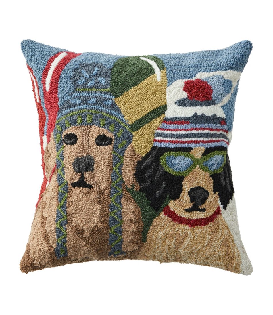Indoor/Outdoor Hooked Pillow, Dogs Skiing - L.L.Bean Quality
